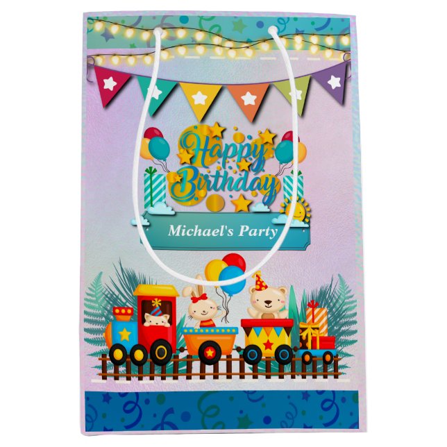 Happy Birthday Train With Cute Animals Wishes Medium Gift Bag (Front)