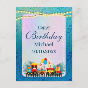 Happy Birthday Train With Cute Animals Wishes Postcard