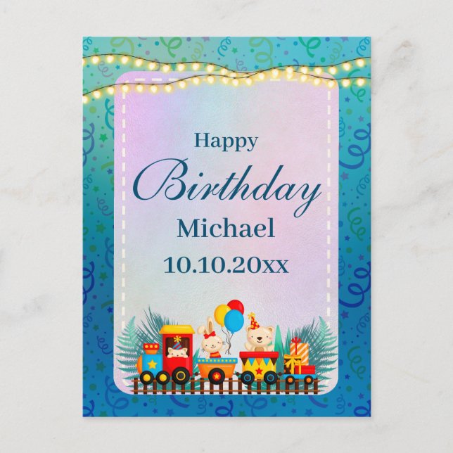 Happy Birthday Train With Cute Animals Wishes Postcard (Front)