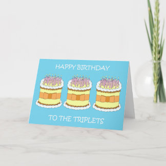 Happy Birthday Triplets, Cartoon Cake and Candles. Card
