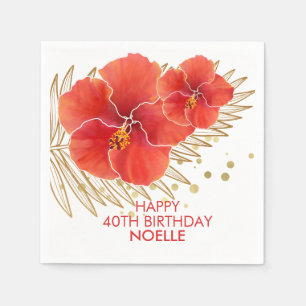 Happy Birthday, Tropical Red Hibiscus & Gold Leaf Napkin