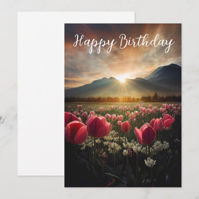 Happy Birthday Tulips and Mountains Holiday Card (Front/Back)