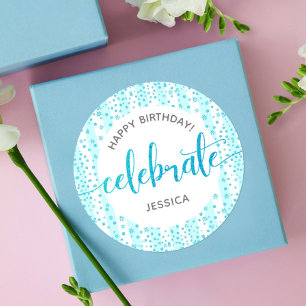 Happy Birthday Turquoise Glitter White Stripes Classic Round Sticker