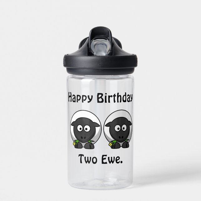 Happy Birthday Two Ewe To You Cartoon Water Bottle (Front)