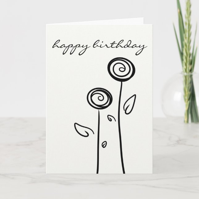 Happy Birthday Two Flowers Simple Line Drawing Card (Front)