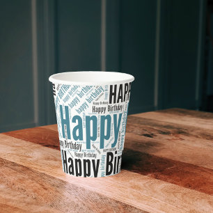 Happy Birthday Typographic Teal & Black Masculine Paper Cups