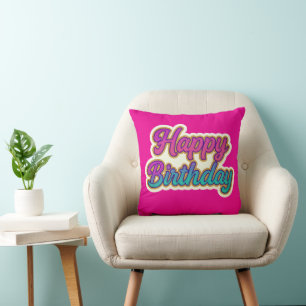Happy Birthday Typography Design in Pink, Purple a Throw Pillow