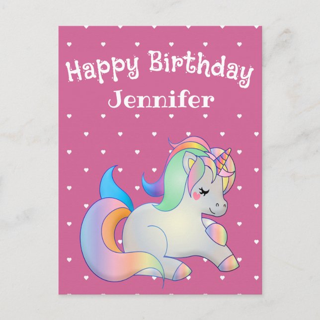 Happy birthday, unicorn and hearts pink girly postcard (Front)