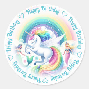 Happy Birthday Unicorn and Mermaids Classic Round Sticker