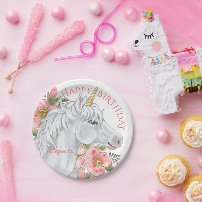 Happy Birthday Unicorn Pretty Floral Personalized Paper Plate (Party)