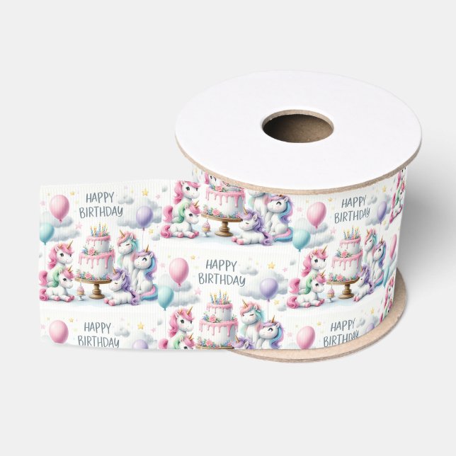 Happy Birthday Unicorn Themed Grosgrain Ribbon (Spool)
