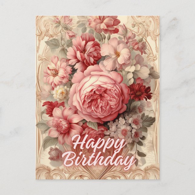 Happy Birthday Victorian Roses Illustration Postcard (Front)