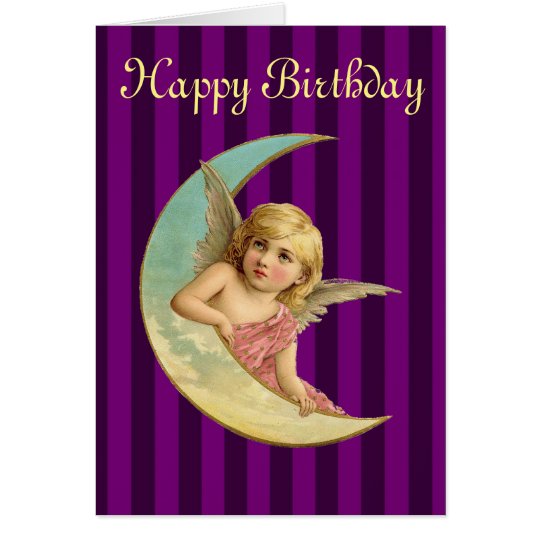 Happy Birthday - Vintage angel on a crescent moon Card