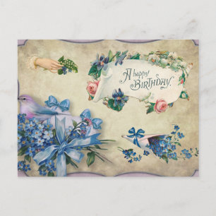 Happy Birthday Vintage Blue Forget-Me-Not Flowers Postcard