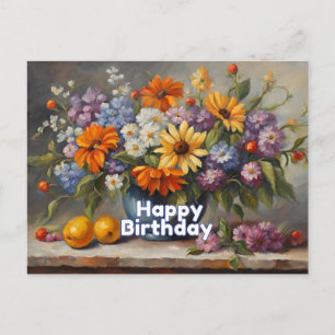 Happy Birthday Vintage Flowers and Fruit  Postcard