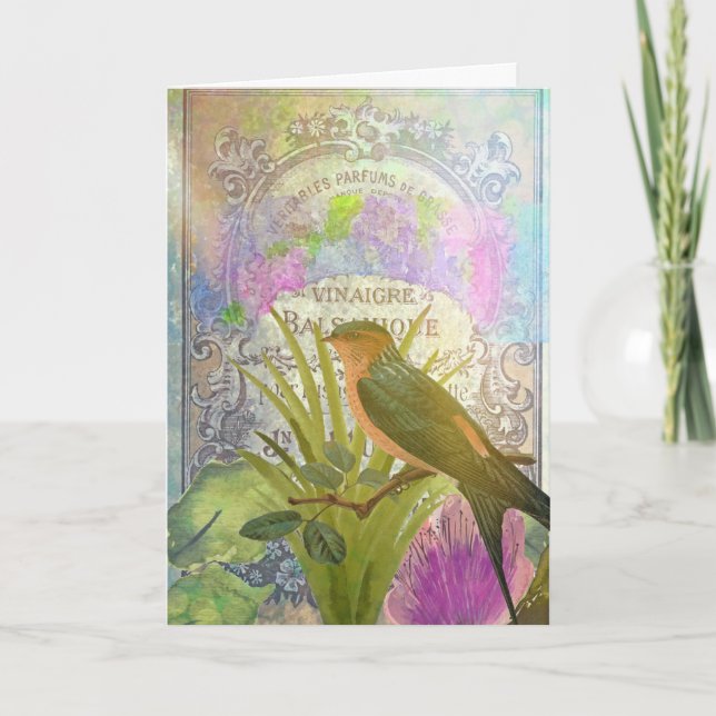 Happy Birthday Vintage French Bird Collage Card (Front)