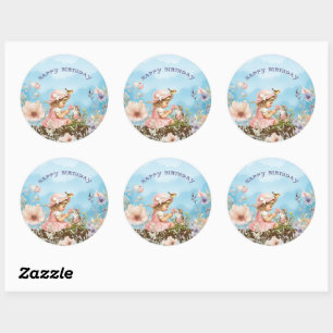 Happy Birthday Vintage Girl Flowers and Kitten  Classic Round Sticker
