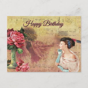 Happy Birthday Vintage Lady with Roses  Postcard