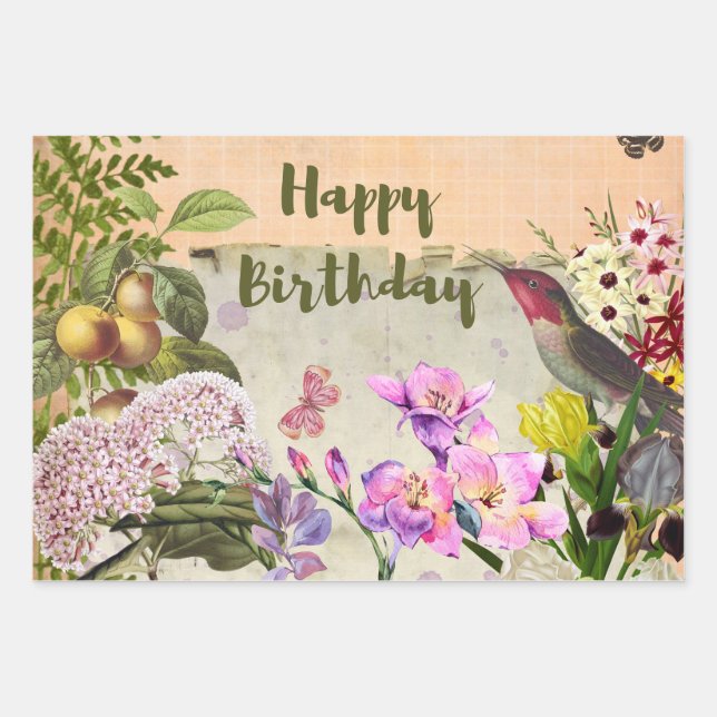 Happy Birthday Vintage Nature Composition   Wrapping Paper Sheet (Front)