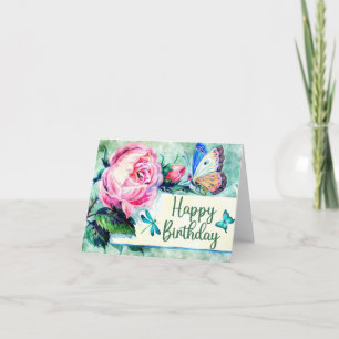 Happy Birthday Vintage Roses and Butterflies  Card