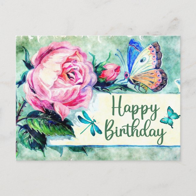 Happy Birthday Vintage Roses and Butterflies Postcard (Front)