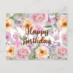 Happy Birthday Vintage Roses and Wildflowers Postcard