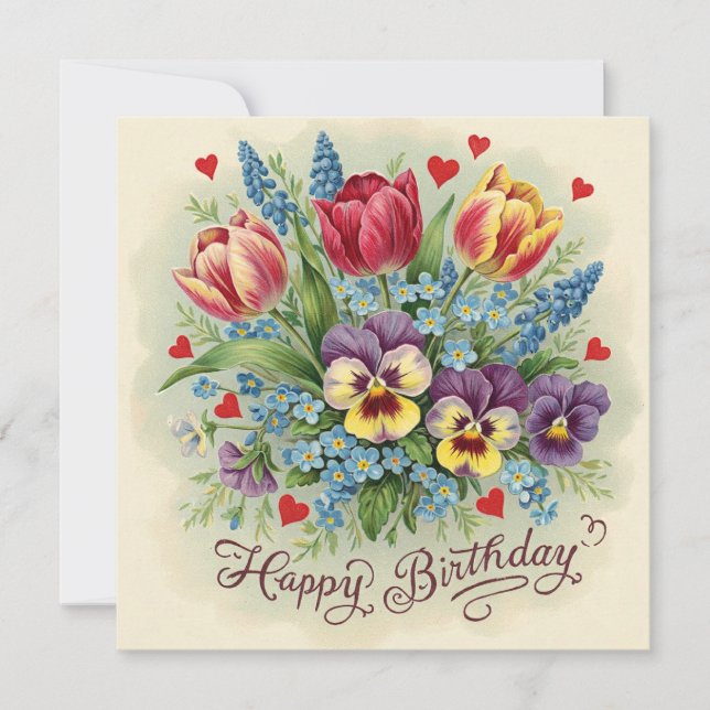 Happy Birthday Vintage Spring Flower Bouquet  Card (Front)