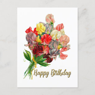 Happy Birthday Vintage Sweet Pea Flowers  Postcard