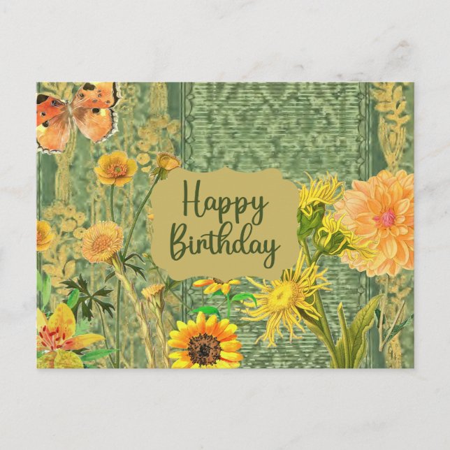 Happy Birthday Vintage Yellow & Orange Flowers Postcard (Front)
