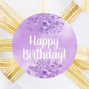 Happy Birthday violet flowers Classic Round Sticker