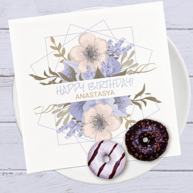 Happy Birthday Violet Pastel Five Petal Wild Rose Napkin (Easily personalize this wild rose designed paper napkin for a birthday or other occasion.)