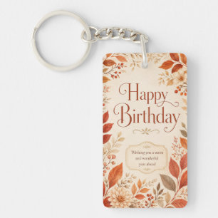 Happy Birthday Warm Autumn Botanical Watercolor Keychain