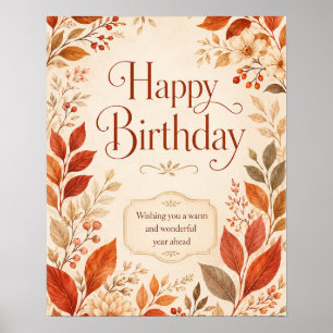 Happy Birthday Warm Autumn Botanical Watercolor Poster