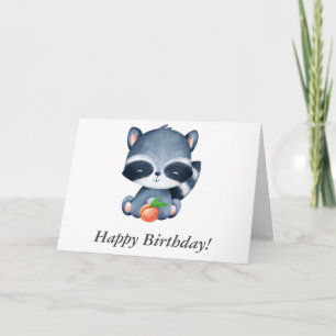 Happy Birthday Watercolor Baby Raccoon with Peach Card
