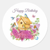 Happy Birthday Watercolor Birdhouse Lilac Flowers