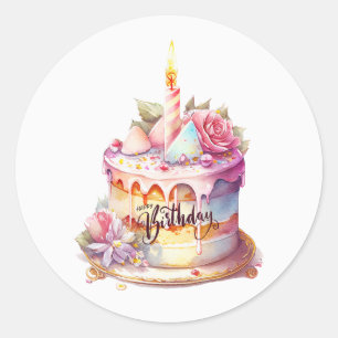 Happy Birthday Watercolor Cake with Flowers  Classic Round Sticker