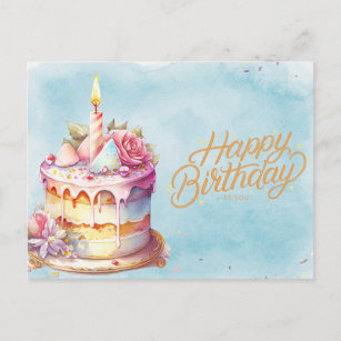 Happy Birthday Watercolor Cake with Flowers  Postcard