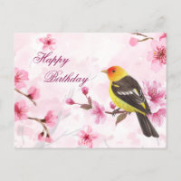 Happy Birthday Watercolor Cherry Blossom & Bird 