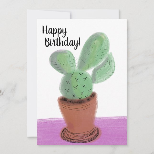 Happy Birthday Watercolor Doodle Cactus in a Pot Card (Front)