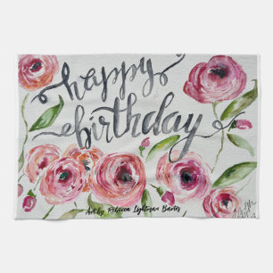 Happy Birthday Watercolor Flowers Kitchen Towel