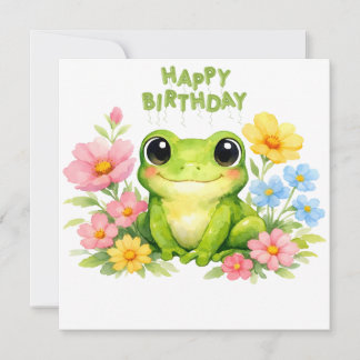 Happy Birthday Watercolor Frog with Flowers Card