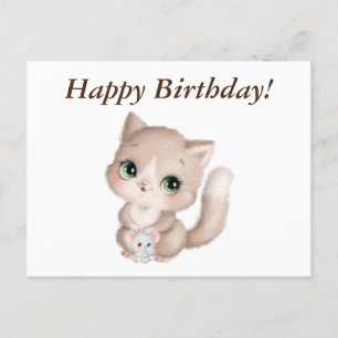 Happy Birthday Watercolor Kitten and Mouse Postcard