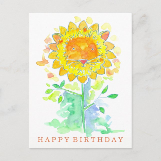 Happy Birthday Watercolor Lion Flower Postcard (Front)