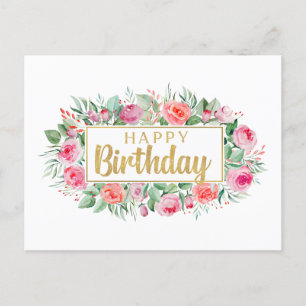 Happy Birthday Watercolor Pink Roses  Postcard