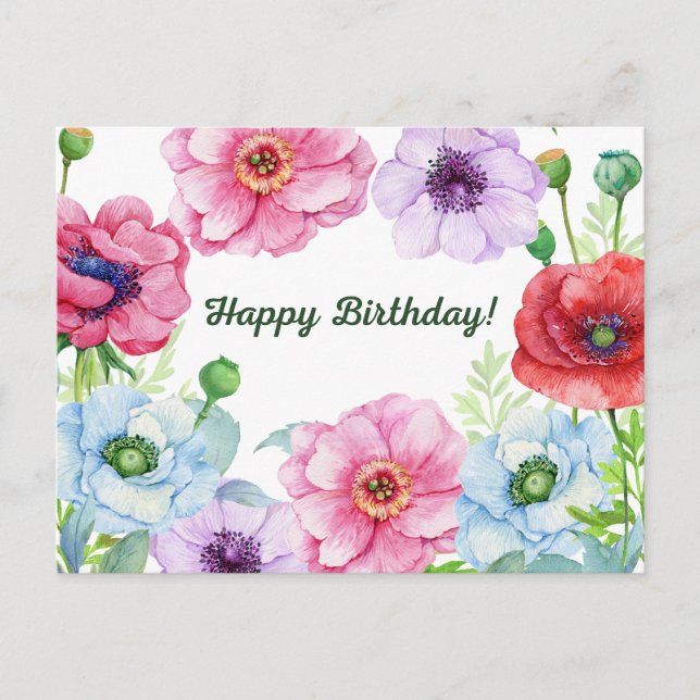 Happy Birthday Watercolor Poppy Flowers Postcard (Front)
