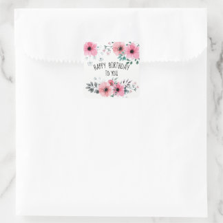 Happy Birthday Watercolor Pretty Pink Floral Square Sticker