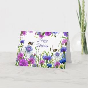 Happy Birthday Watercolor Purple, Blue Cornflowers Card