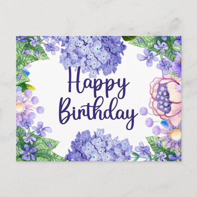 Happy Birthday Watercolor Purple Flowers  Postcard (Front)