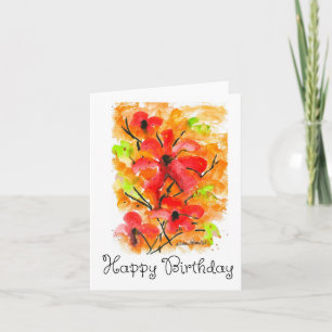 Happy Birthday, Watercolor Red Flower Art Card