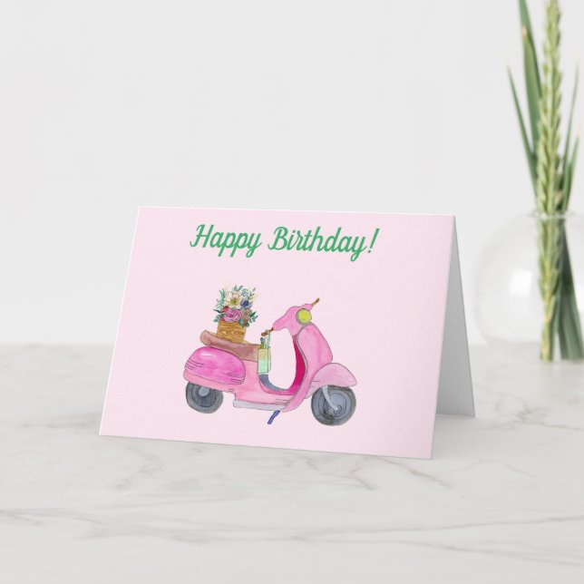 Happy Birthday Watercolor Scooter Flowers & Wine Card (Front)
